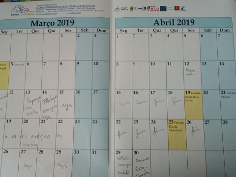 Calendário com as tarefas desenvolvidas em março e abril